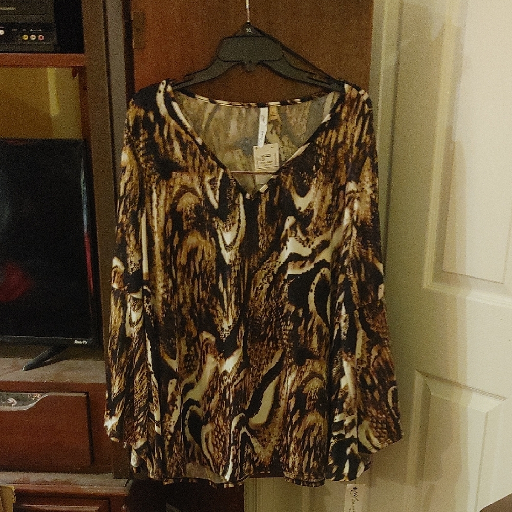 NY Collection Brown and Cream Patterned Blouse